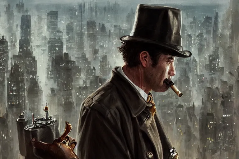 Image similar to portrait detective wearing a trench coat in profile smoking a sherlock holmes pipe on a perch facing the city at night, smooth, focus, highly detailed, hyper realistic, dramatic lighting, intricate, concept art, new york skyline, looking down, art by wlop, greg rutowski, artstation