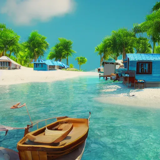 Image similar to utopian beach with small houses, women, naturist, boats, realistic, unreal engine, artstation, octane render.