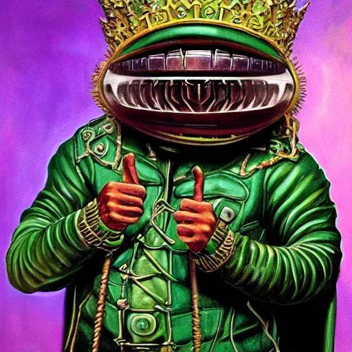 Image similar to beautiful lifelike painting of mf doom as king ghidora, hyperreal detailed facial features and uv lighting, art by ed roth and basil wolverton