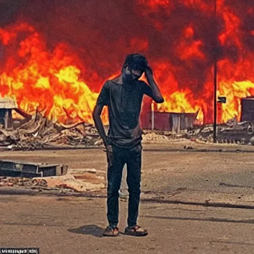 Image similar to the city is burning and fire is everywhere just a man was standing alone crying while world is getting destroyed detailed picture