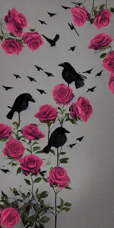 Prompt: a murder of crows made out of roses, muted tones, album artwork, expressionist, serene,