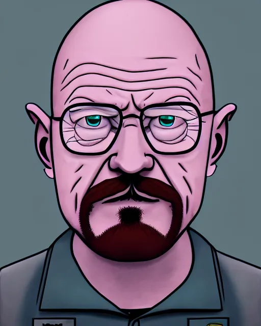 Image similar to portrait of walter white in the style of justin roiland. heisenberg from breaking bad. cinematic lighting. style of rick & morty. photographic, photography. by justin roiland