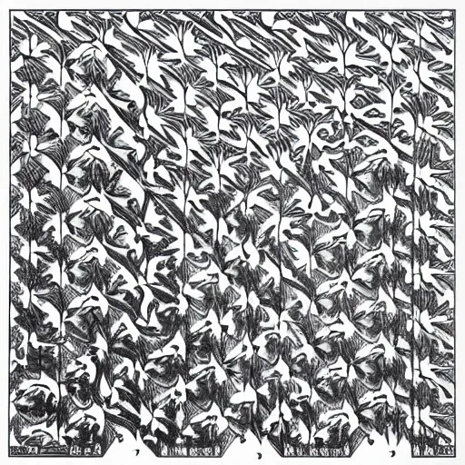 Image similar to a delicate pattern of white wolves transitioning into black geese by mc escher aerial view, black geese flying, white wolves, hexagonal pattern, crystallography, intricate details, ink shading, ink dots, mathematical interlocking, puzzle, screen print, lithography, frameless