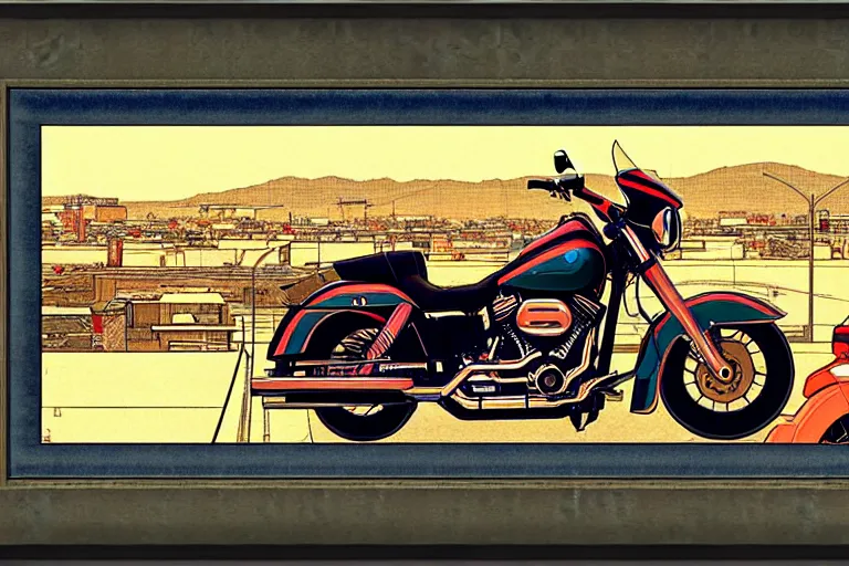 Prompt: harley davidson in front of a quiet town, art by satoshi kon, panoramic view, soft colors