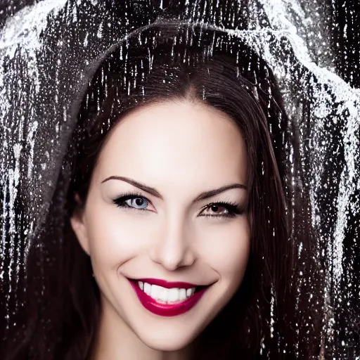 Image similar to professional headshot of an elegant female vampire smiling, the side of her face is sprayed with droplets of blood. high resolution, realistic, professional lighting, nikon camera, 8 k, imdb. com