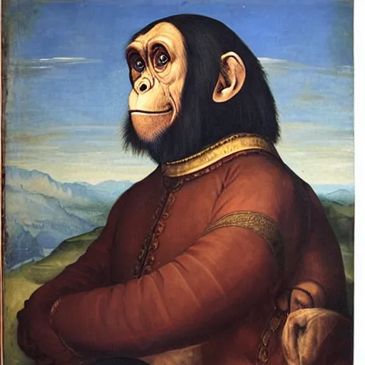 Prompt: A renaissance painting of a chimpanzee in military uniform