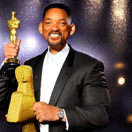 Prompt: Will Smith on the Oscars Stage holding an Academy Awards Trophy replaced with a Golden mini Moai, full body, 8k, hyperrealism, award winning photograph