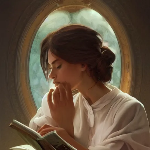 Prompt: a girl reading a book, side view, hidden hands, intricate, highly detailed face, digital painting, artstation, concept art, smooth, sharp focus, illustration, unreal engine 5, 8 k, art by artgerm and greg rutkowski and alphonse mucha
