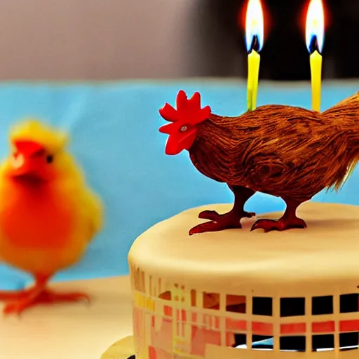 Prompt: one small hatchling baby chick and one big rooster stand near a birthday cake