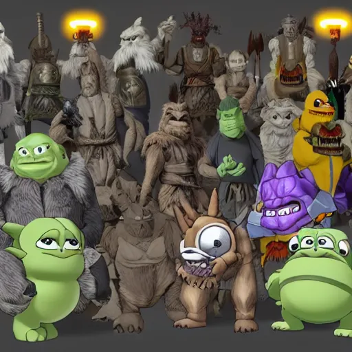 Image similar to skyrim anime godzilla yoda donkey kong pikachu yeti shrek super mario homer groot waluigi darth vader mike wazowski, highly detailed, extremely high quality, hd, 4 k, 8 k, professional photographer, 4 0 mp, lifelike, top - rated, award winning, cinematic, realistic, detailed lighting, detailed shadows, sharp, no blur, edited, corrected, trending