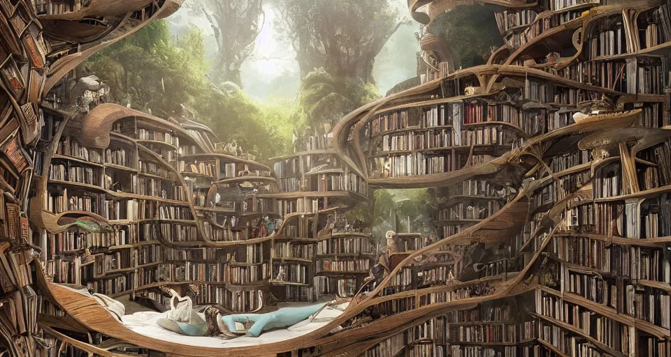 Image similar to A scene from a 2022 fantasy film featuring a cozy art nouveau reading nook inside a fantasy treehouse city. Suspended walkways. Disorganized ancient books. 8K UHD.