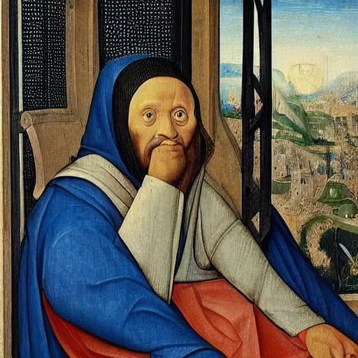 Image similar to Young middle-eastern Almighty God, wearing tracksuit sitting in armchair in poor european apartment. Perfect composition. Very very beautiful painting in style of Hieronymus Bosch, intricate stunning texture and details, fine detailed face. Dramatic lighting