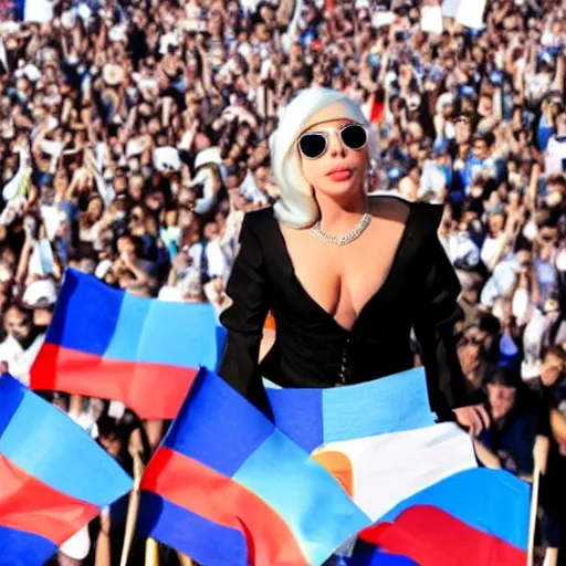 Image similar to Lady Gaga as president, Argentina presidential rally, Argentine flags behind, bokeh, giving a speech, detailed face, Argentina