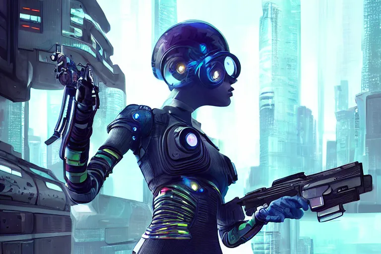 Image similar to a woman in a futuristic suit holding a gun, cyberpunk art by stephan martiniere, cgsociety, afrofuturism, futuristic, sci - fi, daz 3 d