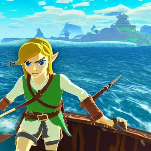 Image similar to link sailing in a boat past an island in the style of breath of the wild, cell shaded, very detailed, 4k,