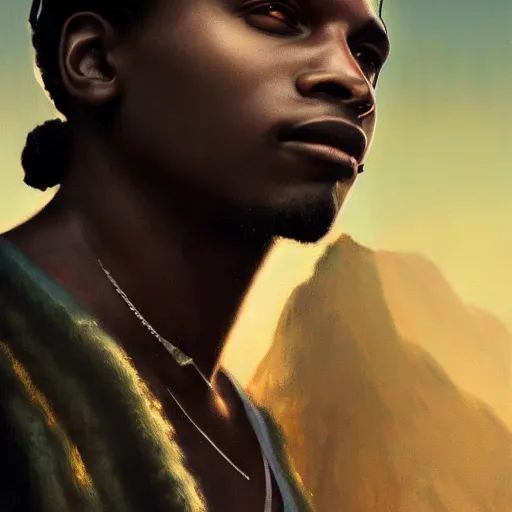 Image similar to closeup portrait of asap rocky, dramatic light, gorgeous view, depth, high detail, digital art, painted by greg rutkowski and seb mckinnon, by tim burton, trending on artstation