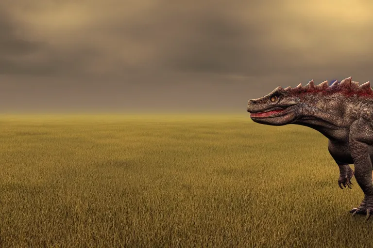 Image similar to Realistic photograph of a tired dinosaur standing in the distance in the style of Dark Naturalism, Jungle Grunge, twilight, glows, detailed, studio quality, hd image,