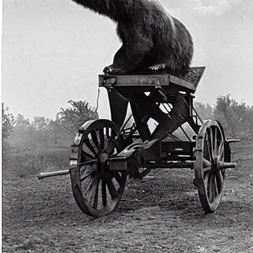 Image similar to a picture of a enormous bear pulling a towed artillery gun behind his back like a carriage, eastern front, historical picture