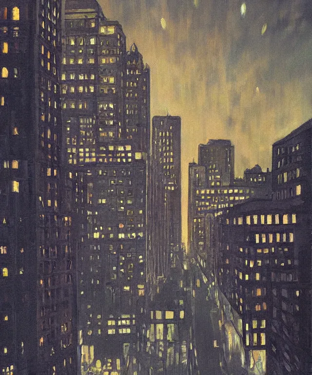 Image similar to horrifying full color photorealistic painting of the view of a warped downtown 1 9 2 5 boston at night with a cosmic sky viewed from a hotel balcony, dark, atmospheric, brooding, smooth, finely detailed, cinematic, epic, in the style of paul carrick