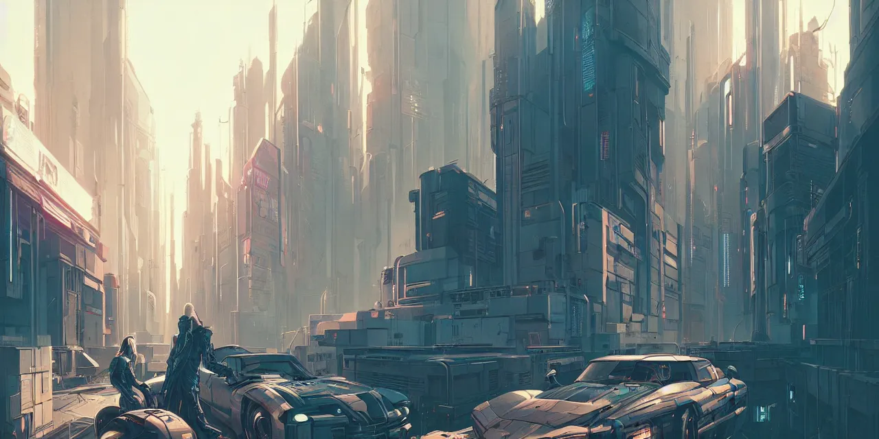 Image similar to cyberpunk synth, hyper - realistic detailed cyberpunk cityscape, by atey ghailan, by greg rutkowski, by greg tocchini, by james gilleard, by joe fenton, by kaethe butcher, dynamic lighting, gradient light blue, brown, blonde cream and white color scheme, grunge aesthetic