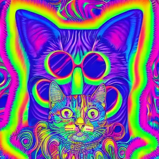 Image similar to a psychedelic image of a cat and a person standing in front of it, poster art by lisa frank, featured on deviantart, psychedelic art, psychedelic, mystical, hypnotic