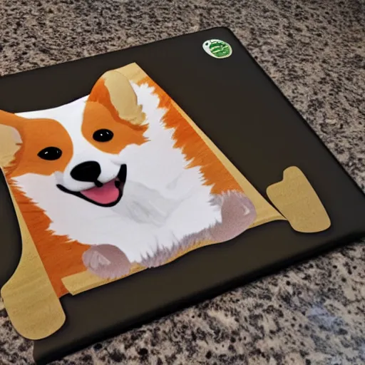 Prompt: a corgi using a cutting board