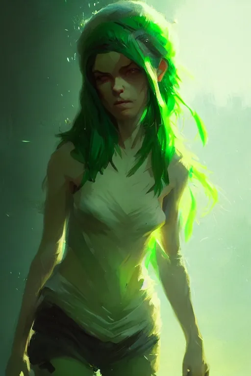 Image similar to character art by greg rutkowski, young woman, green hair, green skin, nature powers, 4 k, arstation, trending