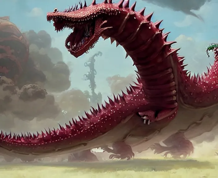 Image similar to still frame from Cloudy with a Chance of Meatballs 2 (2013) of possessed dragon fruit sandworm dragon, Scyth game art by peter Mohrbacher by Jakub Różalski by jakub rozalski