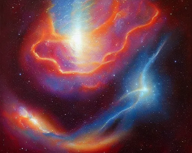 Image similar to cosmic person nebula, an oil painting, by ( leonardo da vinci ) and greg rutkowski and rafal olbinski ross tran airbrush time magazine