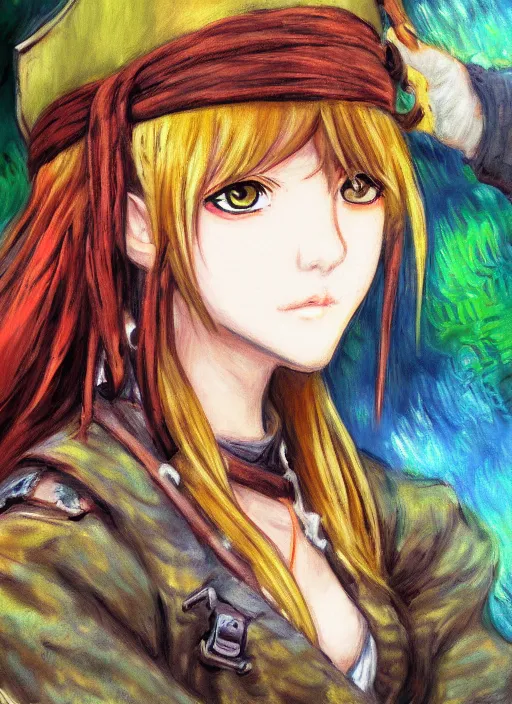 Image similar to a portrait of a female pirate, camouflage uniform, very anime in impressionist style, anime trending artwork, anime painter studio, by claude monet