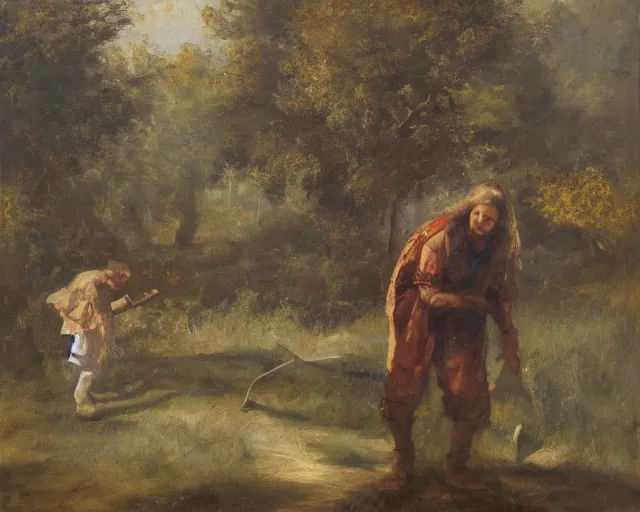 Image similar to landscape portrait of a girl chopping a hickory tree with an axe, autumn mountains, original oil on canvas painting by william sydney mount, trending on artstation