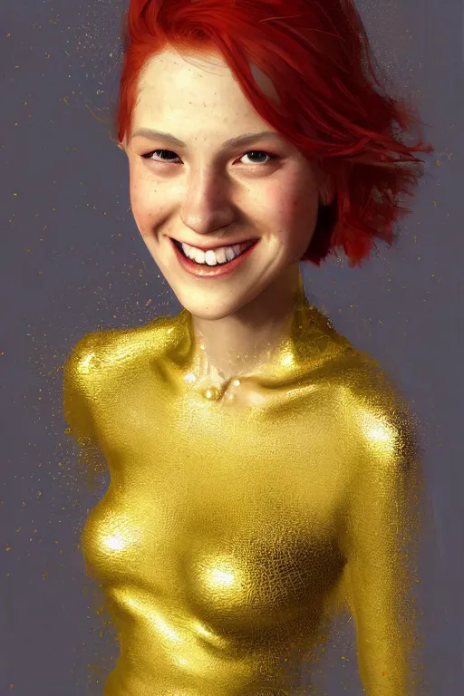 Image similar to Highly detailed portrait painting of a beautiful young woman with red hair, smiling by Craig Mullins and Ross Tran, Green dress, Golden Background, Fabric texture, Golden thread, intricate patterns, Trending on artstation, pinterest, cgsociety, 4k, 8k, HDR, award winning, unreal engine