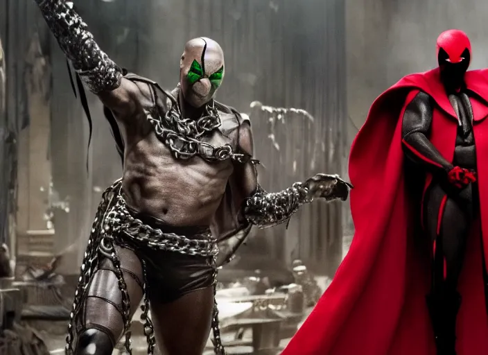 Image similar to film still of jamie foxx as spawn in the new spawn movie, giant chains, large cape, 8 k