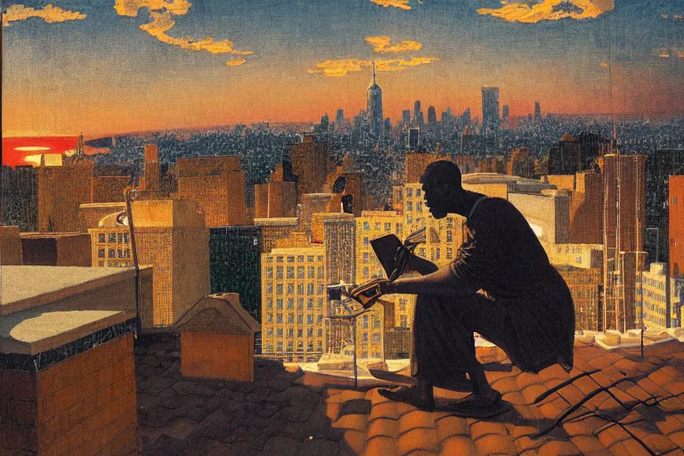 Image similar to painting of a black men in a rooftop, watching new york, beautiful, sunset, romantic, by ludwig deutsch and maxfield parrish, patterned tilework, extremely detailed, cinematic lighting, smooth sharp focus