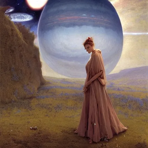 Image similar to epic wide angle view beautiful woman in a muslin dress watching from the Earth as a rogue planet looms on the horizon, by Edgar Maxence and Ross Tran and Michael Whelan