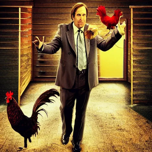 Image similar to saul goodman and a rooster in a saw movie torture chamber, horror movie background, saul goodman, rooster, photo