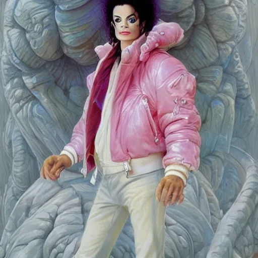 Image similar to beautiful fantasy character portrait, michael jackson, wearing pink puffy bomber jacket with white fur, by peter mohrbacher, hajime sorayama, wayne barlowe, boris vallejo, aaron horkey, gaston bussiere, craig mullins