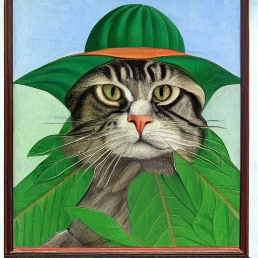 Prompt: a reneissance painting of a maincoon cat among big green leaves wearing a bishop hat, very detailed, in the style of mantegna