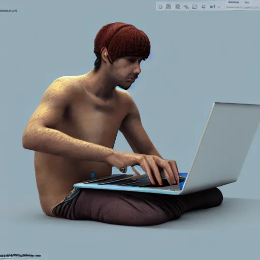 Image similar to a bum using blender 3 d software on his laptop, concept art, trending on artstation, highly detailed, intricate, sharp focus, digital art, 8 k