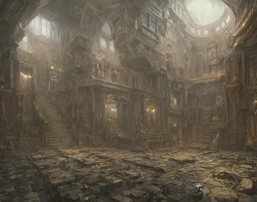 Image similar to a hyper detailed background of a school hall, by dorian cleavenger, greg rutkowski, wlop, astri lohne, zdzisław beksinski trending on artstation