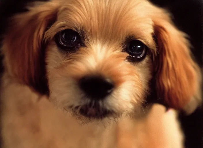 Image similar to a extreme close - up photo, color studio photographic portrait of a little dog, dramatic backlighting, 1 9 7 3 polaroid photo from life magazine,