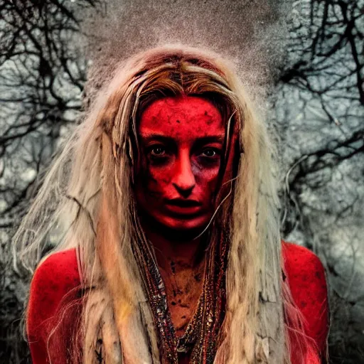 Image similar to 3 5 mm coloured film portrait of sophie turner as aghori sadhu covered in ash creature, hyperrealism, celestial red flowers vibe, photorealistic, detailed, atmospheric, 8 k, award winning photography, cinematic