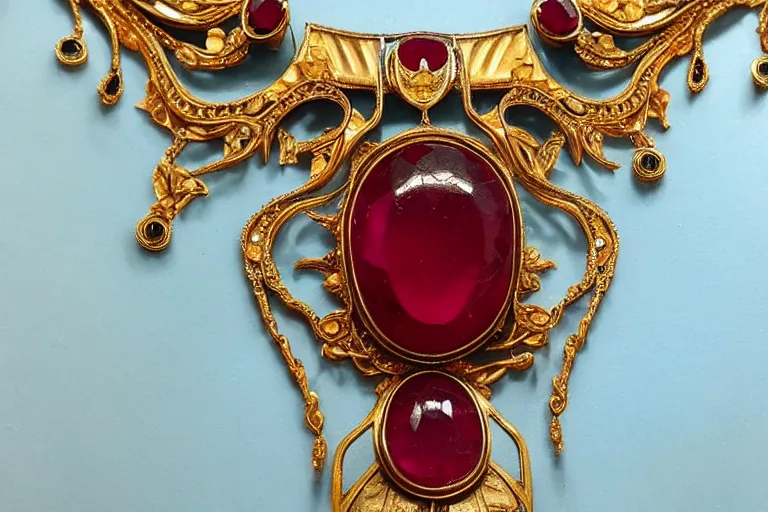 Image similar to highly detailed oil painting, front view, very realistic gemstones, art nouveau, ornate, delicate, brilliant ruby necklace, necklace on display, dramatic light,