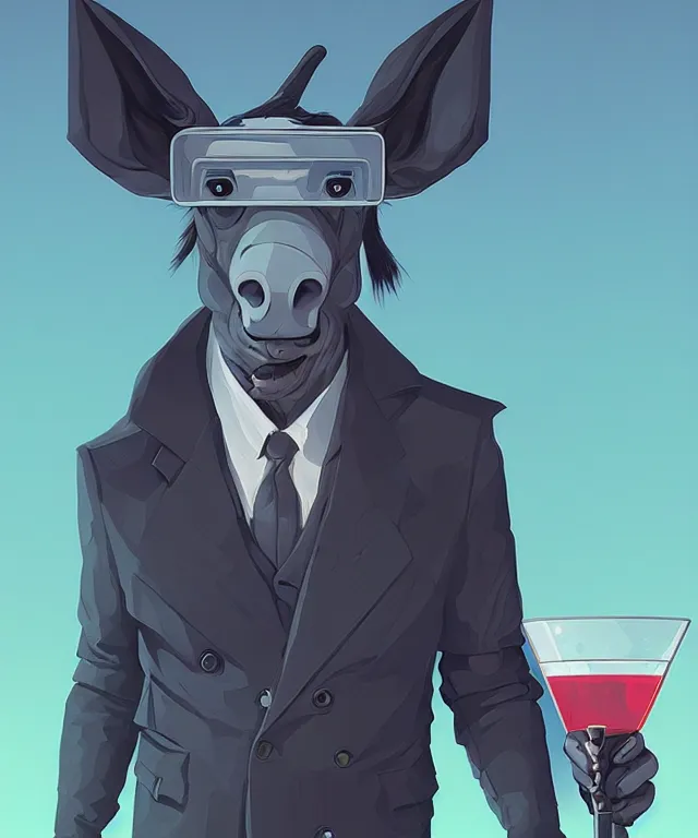 Image similar to a portrait of an anthropomorphic donkey holding a martini, cyberpunk!, fantasy, elegant, digital painting, artstation, concept art, matte, sharp focus, illustration, art by josan gonzalez