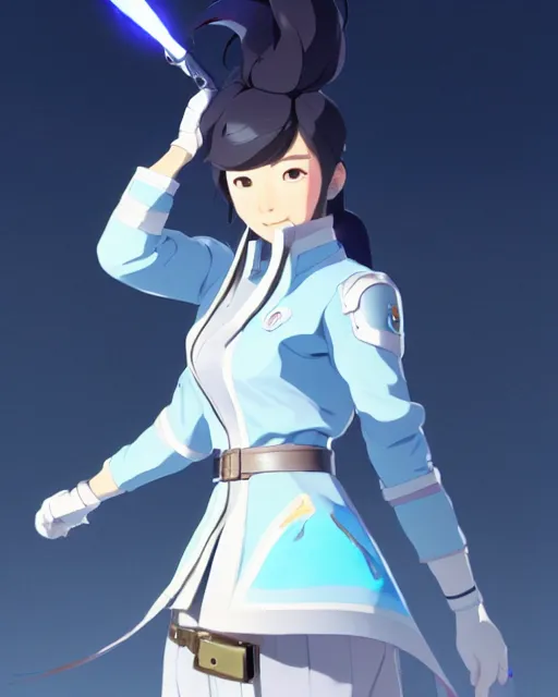 Prompt: a south korean female from video game paladins, she wears a light blue jacket, white ponytail hair, detailed perfect face, exquisite details, fire magic, mid view, design on a white background, by studio muti, greg rutkowski makoto shinkai takashi takeuch studio ghibli