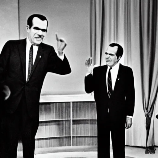 Image similar to presidential debate between waluigi and richard nixon, 1 9 6 0, still, photograph, photo, black and white