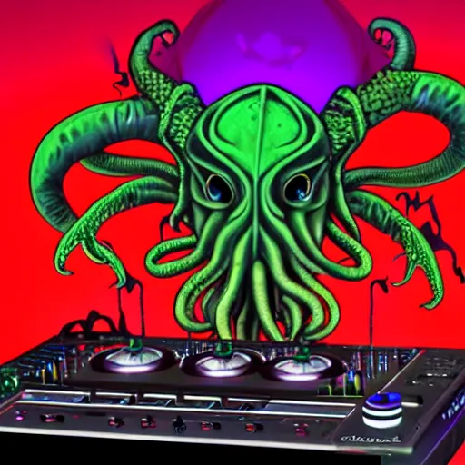 Prompt: a photorealistic image of Cthulhu DJ-ing at a rave party