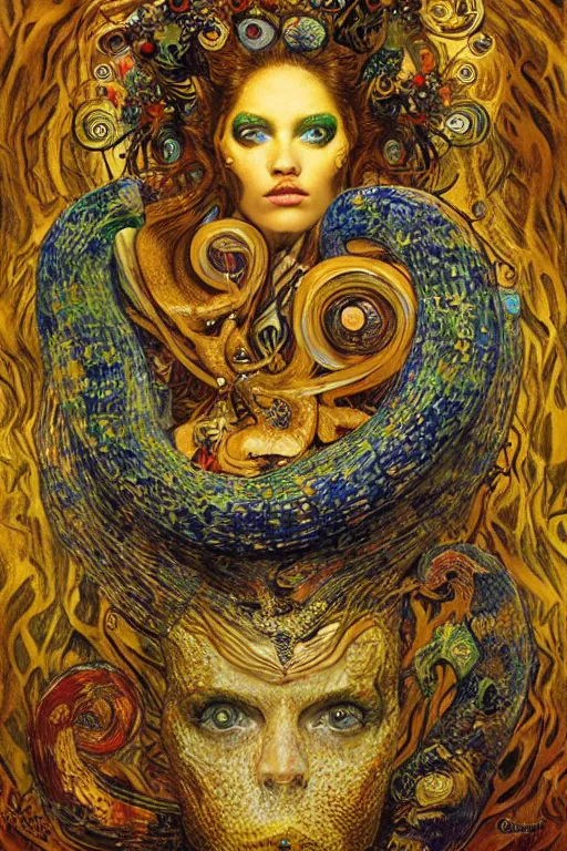 Image similar to Rebirth by Karol Bak, Jean Deville, Gustav Klimt, and Vincent Van Gogh, portrait of a sacred serpent, Surreality, otherworldly, fractal structures, arcane, ornate gilded medieval icon, third eye, spirals