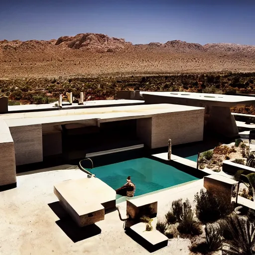 Prompt: brutalism luxury hotel in the desert, biophilia mood, pool, garden, highly detailed, cinematic, photorealistic,