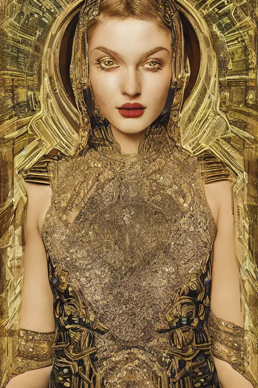 Image similar to An extremely beautiful Art Deco ornate portrait of a young attractive woman with a silky bio-luminiscent holographic dress, neo-cyberpunk, professionally painted digital art illustration, smooth, sharp focus, atmospheric lighting, highly detailed illustration highlights, golden ratio, extremely detailed winning award masterpiece, very coherent symmetrical artwork, sense of awe, 8K post-processing, trending on artstation flawless, prismatic highlights, telephoto, depth of field, cinematic, macro, concept art, wepa digital, elegant, epic, octane render, v-ray, C4D